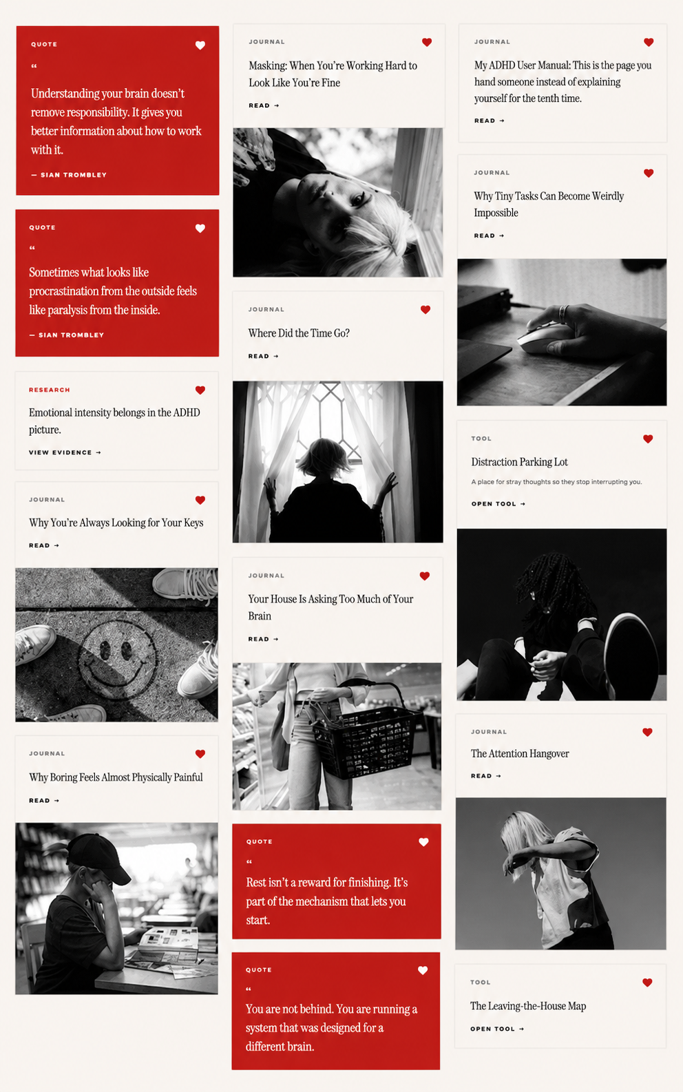 A sample My ADHDier board: saved quotes, journal articles, research and tools collected in one place