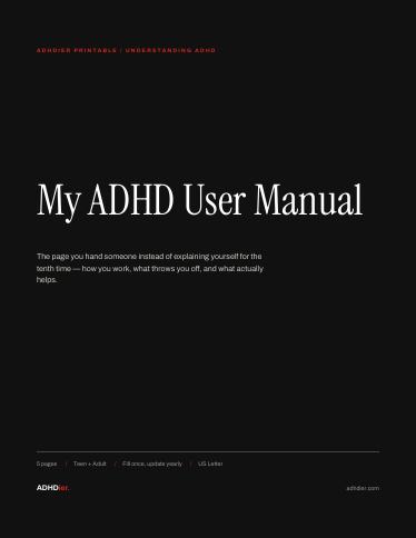 My ADHD User Manual — a real page from the 5-page printable
