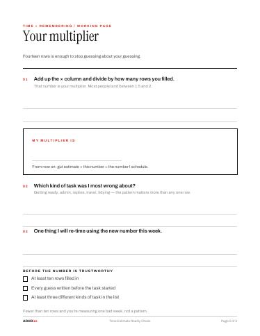 Time Estimate Reality Check — a real page from the 3-page printable